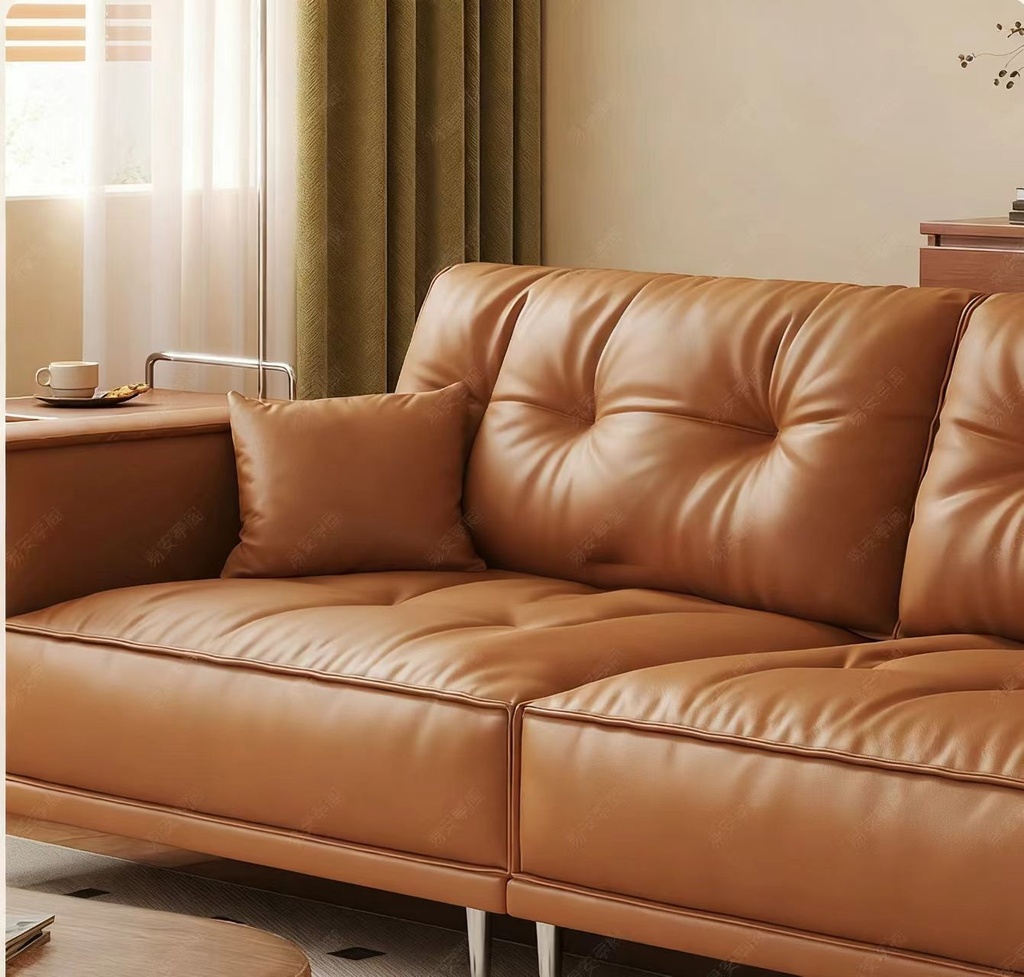 中古侘寂風 橙色復古直排頭層牛皮沙發 OL-1905#