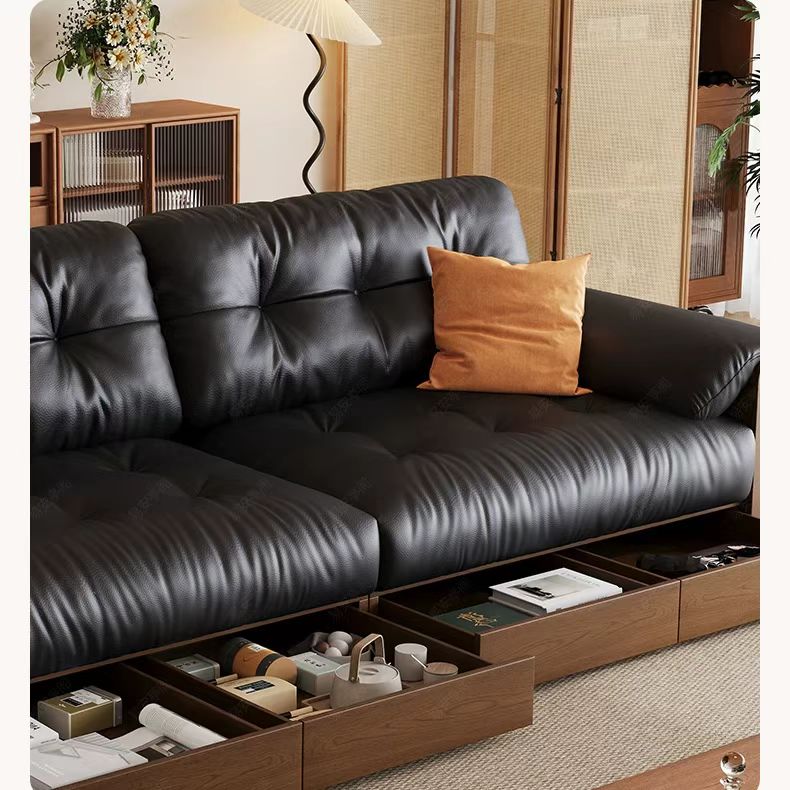 中古侘寂風 地台胡桃色實木抽屜儲物皮沙發 OL-星瀾#