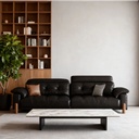 中古侘寂風 直排黑色實木頭層牛皮沙發 OL-茗廳#