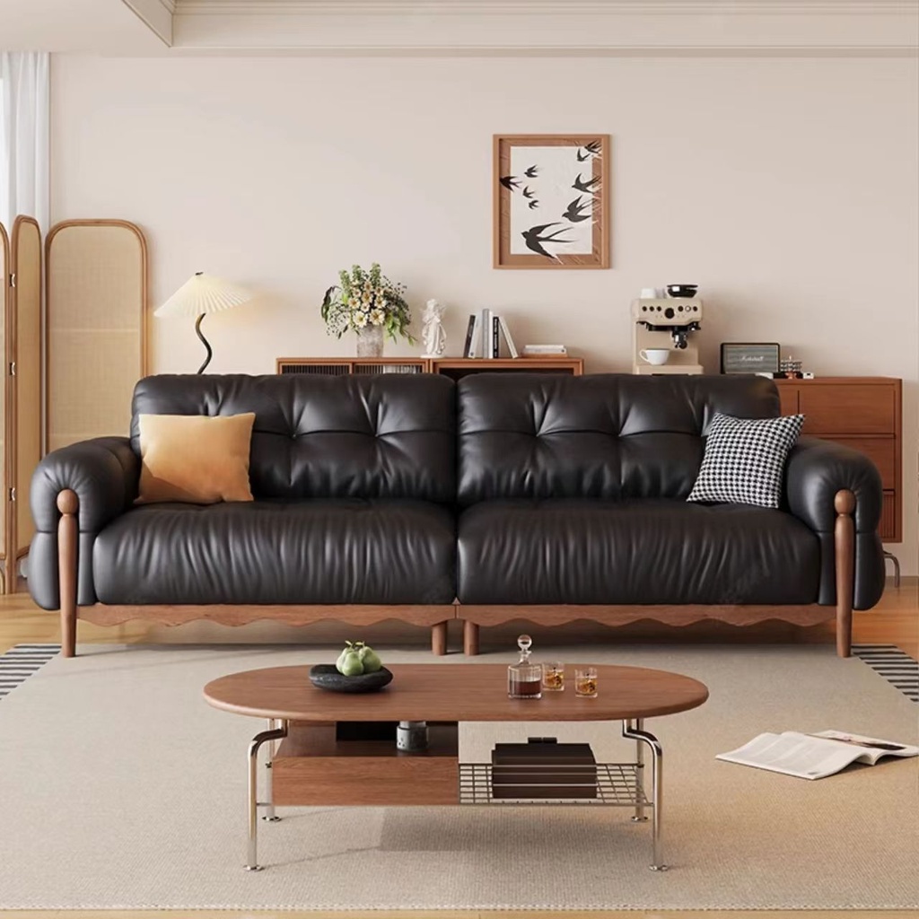 中古侘寂風 小戶型直排黑色頭層牛皮沙發 OL-德米#