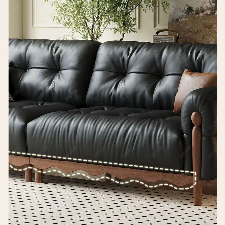 中古侘寂風 小戶型直排黑色頭層牛皮沙發 OL-德米#