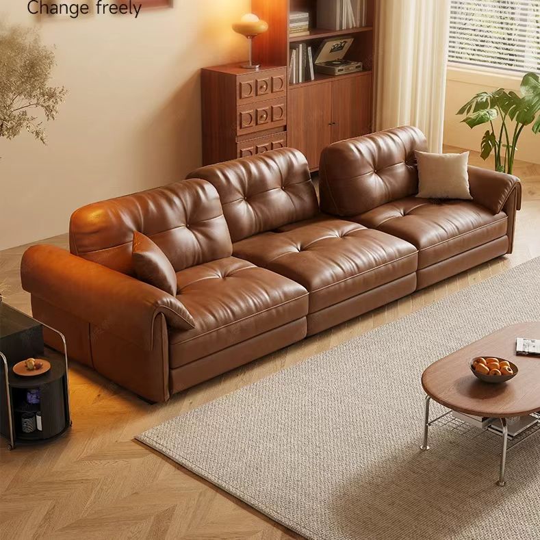 中古侘寂風 可調節伸縮焦糖色直排頭層牛皮沙發 OL-子期#