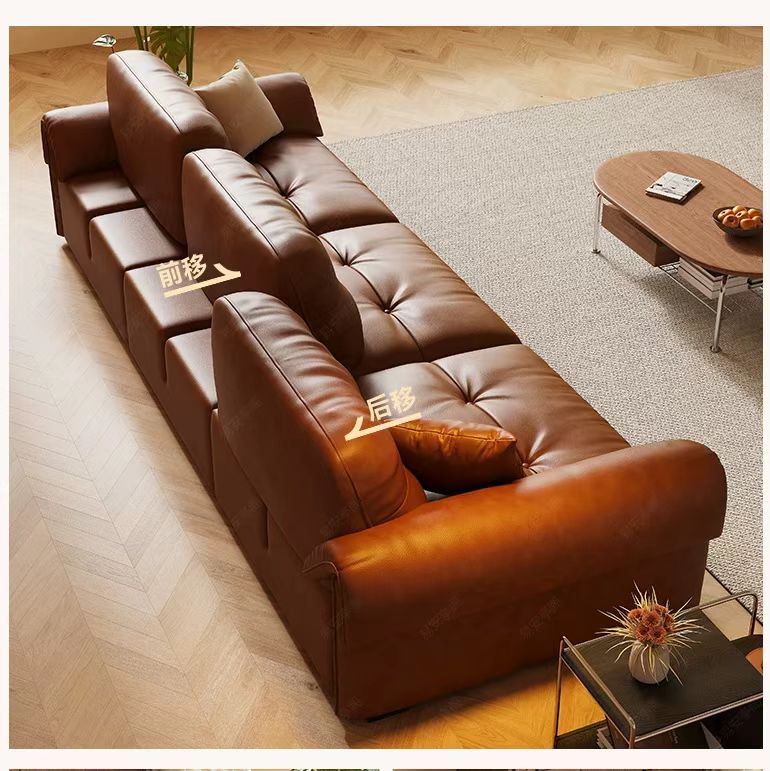 中古侘寂風 可調節伸縮焦糖色直排頭層牛皮沙發 OL-子期#