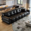 中古侘寂風 黑色矮腳直排雲朵皮沙發 OL-0711#