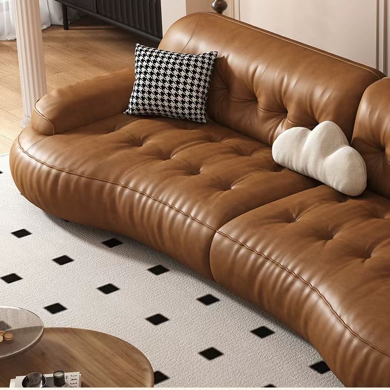 義式極簡風 小戶型棕色弧形頭層牛皮沙發 OL-2886#
