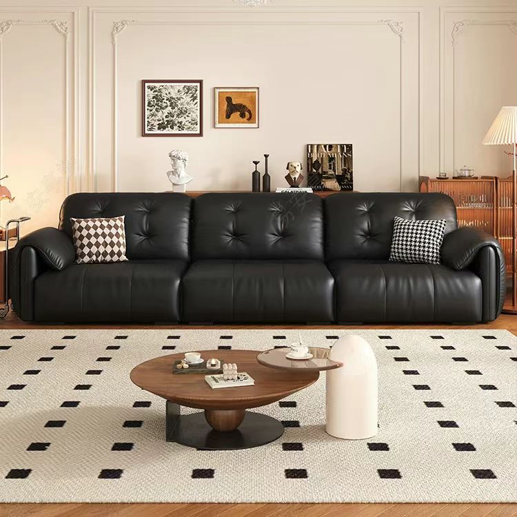 中古侘寂風 直排黑色雲朵頭層牛皮沙發 OL-8127#