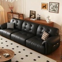 中古侘寂風 直排黑色雲朵頭層牛皮沙發 OL-8127#