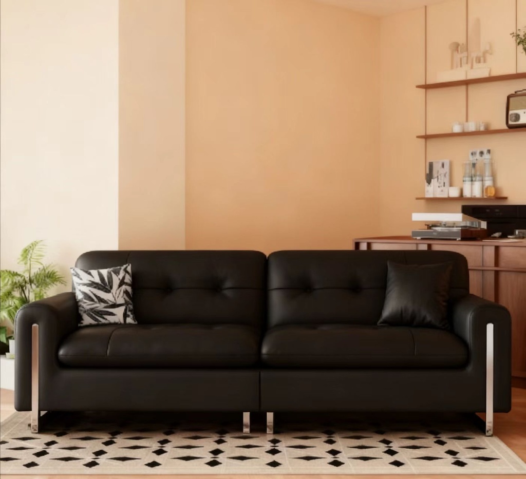 中古侘寂風 小戶型直排黑色頭層牛皮沙发 OL-司言#