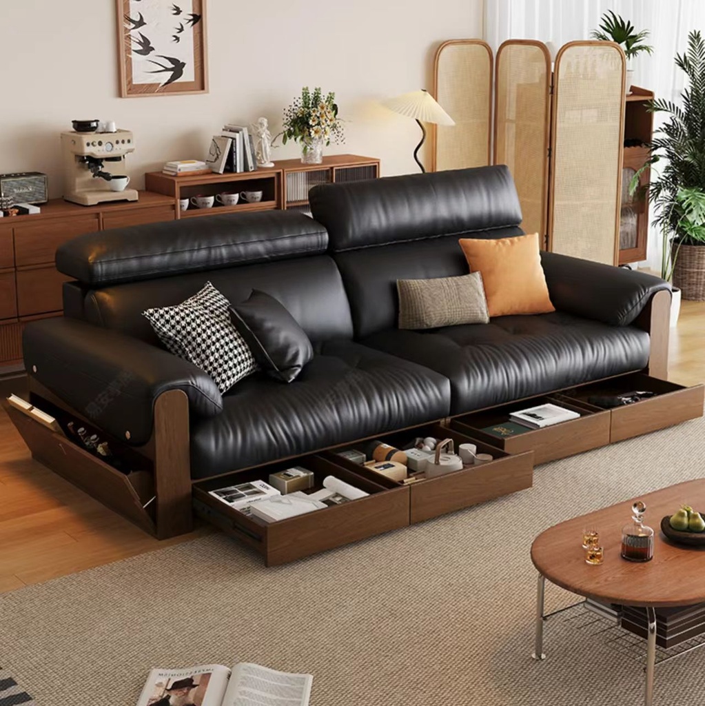 中古侘寂風 黑色直排實木抽屜真皮沙發 OL-芙蓉#