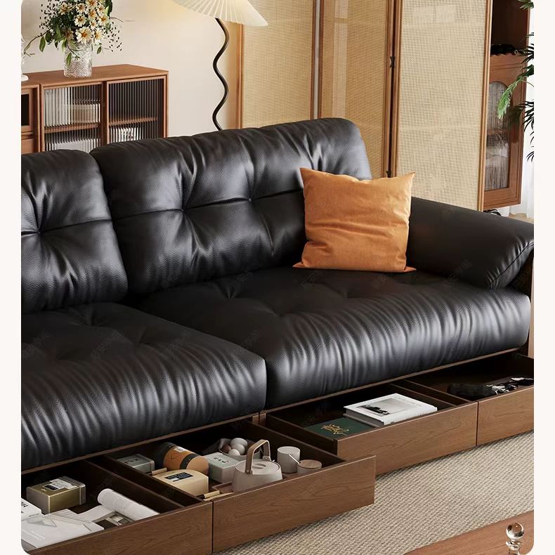 中古侘寂風 復古實木抽屜儲物真皮沙發 OL-清婉#