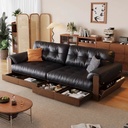 中古侘寂風 地台胡桃色實木抽屜儲物皮沙發 OL-星瀾#