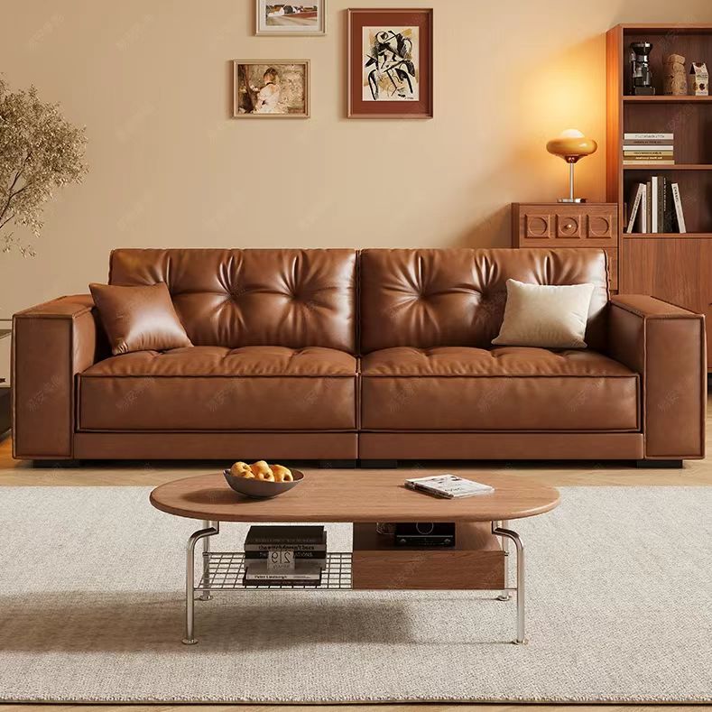 中古侘寂風 小戶型焦糖色直排油蠟皮沙發 OL-1955#