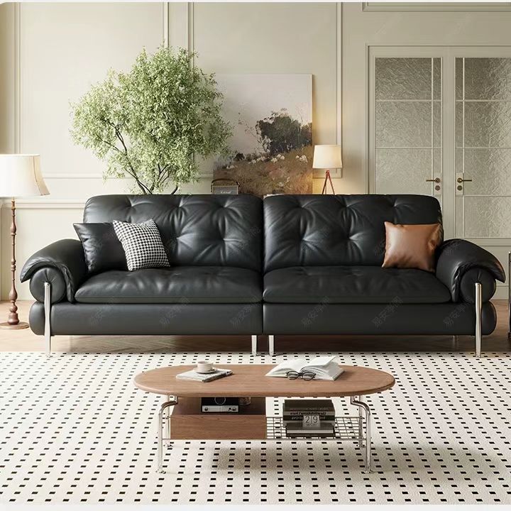 中古侘寂風 小戶型直排高腳頭層牛皮沙發 OL-伊西#