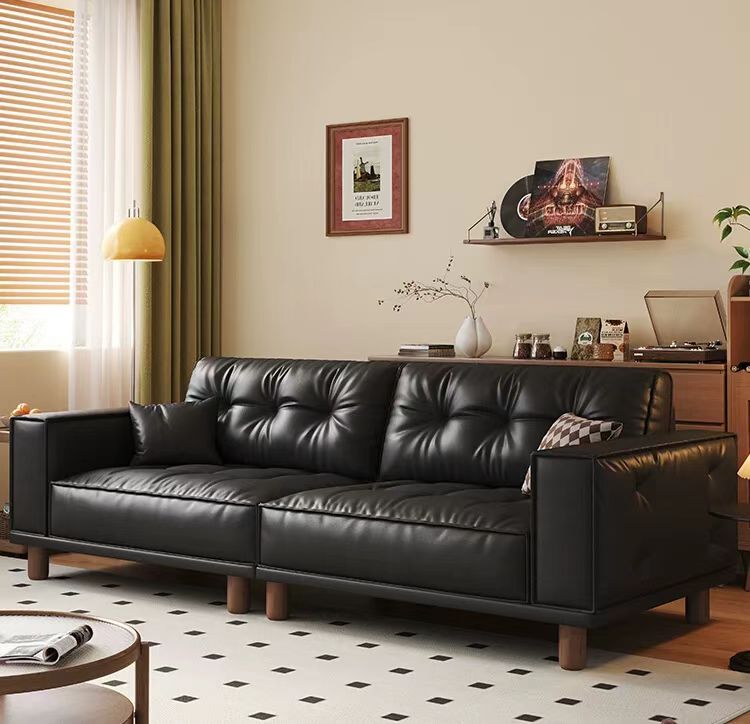 中古侘寂風 直排頭層黑色復古牛皮沙發 OL-1907#