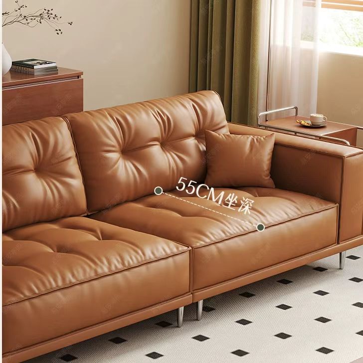 中古侘寂風 橙色復古直排頭層牛皮沙發 OL-1905#