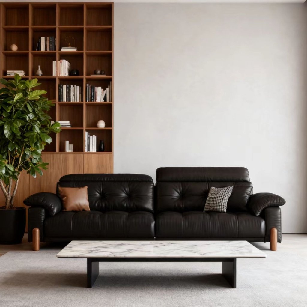 中古侘寂風 直排黑色實木頭層牛皮沙發 OL-茗廳#