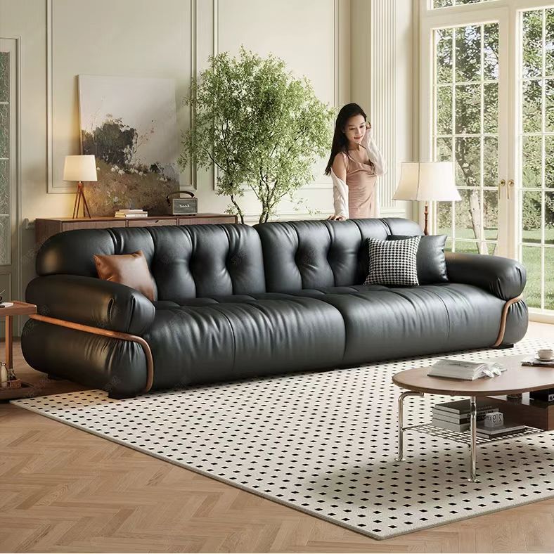 義式極簡風 直排小戶型復古黑色雲朵真皮沙發 OL-帕尔#