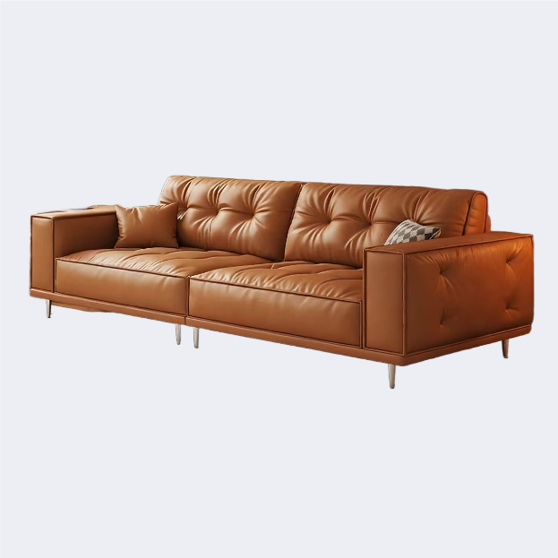 中古侘寂風 橙色復古直排頭層牛皮沙發 OL-1905#